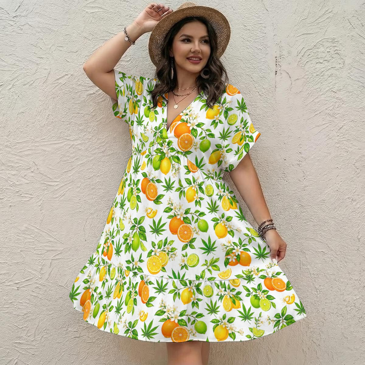 Citrus Haze Floral V-Neck Short Sleeve Dress
