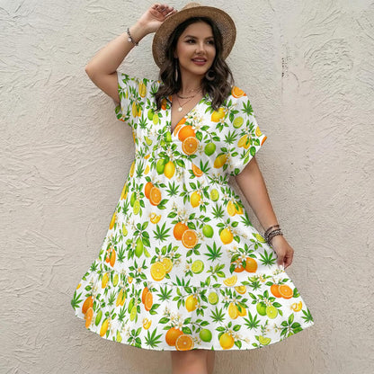 Citrus Haze Floral V-Neck Short Sleeve Dress