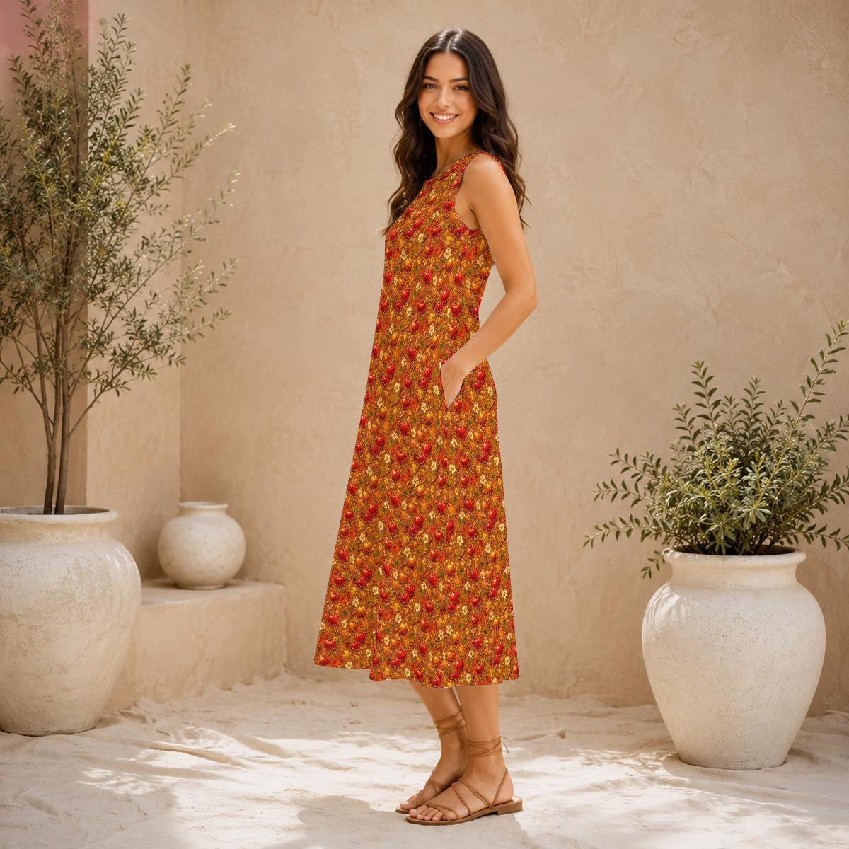 Glazed Apple Cotton Sleeveless Dress With Pocket