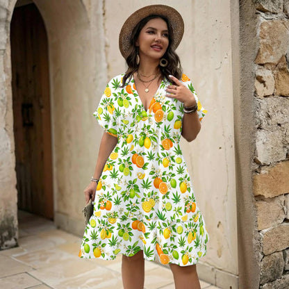 Citrus Haze Floral V-Neck Short Sleeve Dress