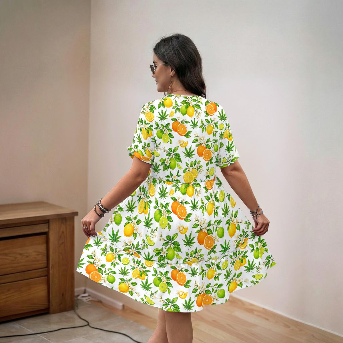 Citrus Haze Floral V-Neck Short Sleeve Dress
