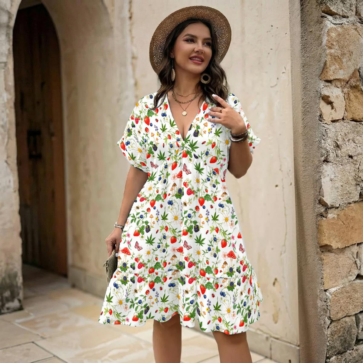 Berry High Floral V-Neck Short Sleeve Dress