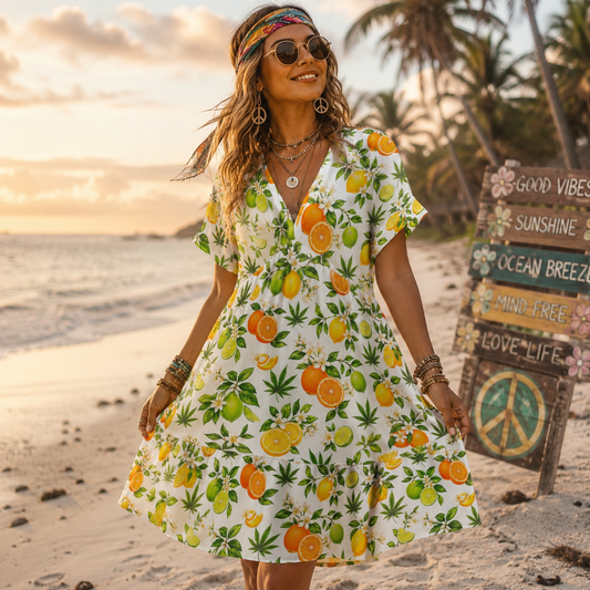 Citrus Haze Floral V-Neck Short Sleeve Dress