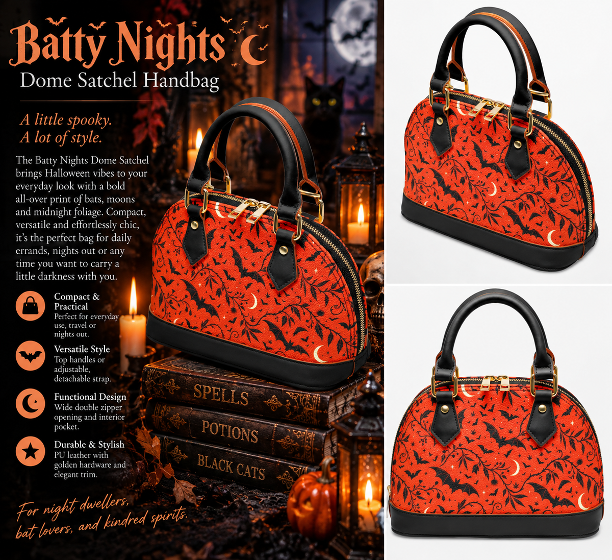 Batty Nights Dome Satchel Handbag